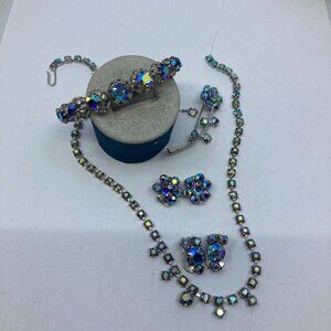 Vtg '50 TRIAD blue borealis crystal rhinestone earrings brooch bracelet necklace